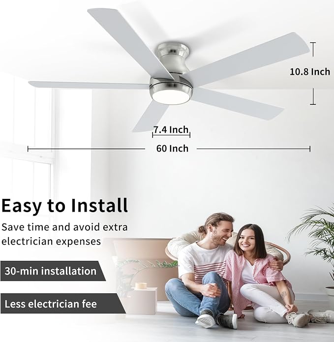 POCHFAN 60 Inch Brushed Nickel Ceiling Fans with Lights and Remote, LED Low Profile Flush Mount Ceiling Fan for Bedroom, Living Room, Quiet DC Motor, Dimmable 6 Speeds