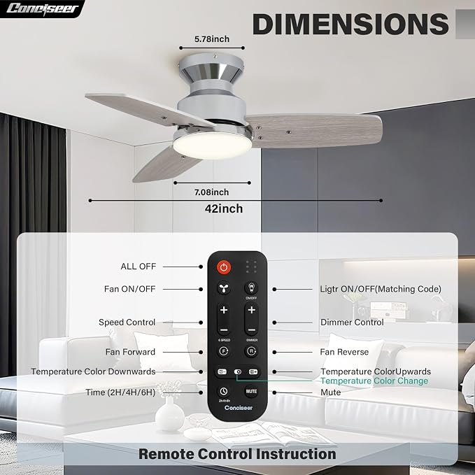 42 Inch Ceiling Fans with Lights and Remote, Bedroom Living Room Office, Flush Mount, 6CCT Dimmable, Dual Color 3 Blades 6 Speed Reversible Quiet DC Motor, Chrome-Plated/Wood Grain