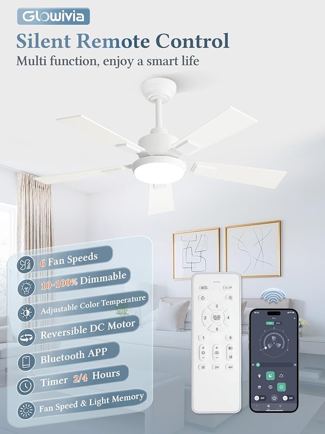 42 Inch Ceiling Fans with Lights and Remote&APP Control, White Smart Ceiling Fan with 3000-6000K Dimmable, 6 Speeds Quiet Reversible Motor, Indoor/Outdoor Ceiling Fan for Bedroom Living Room