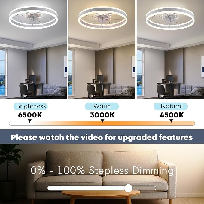 FSZDORJ 20'' Ceiling Fan with Light and Remote, Low Profile Ceiling Fan with Light, Dimmable Flush Mount Ceiling Fan Light, 6 Speeds Fan, App&Remote Control, Fandelier Quiet Fan for Bedroom F105 White