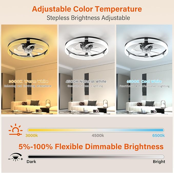 Ceiling Fans with Lights and Remote, 20'' Low Profile Ceiling Fan with APP Control, 3000K-6500K Dimmable, Quiet Reversible DC, Modern Flush Mount Fandelier for Bedroom (Black-Frosted)