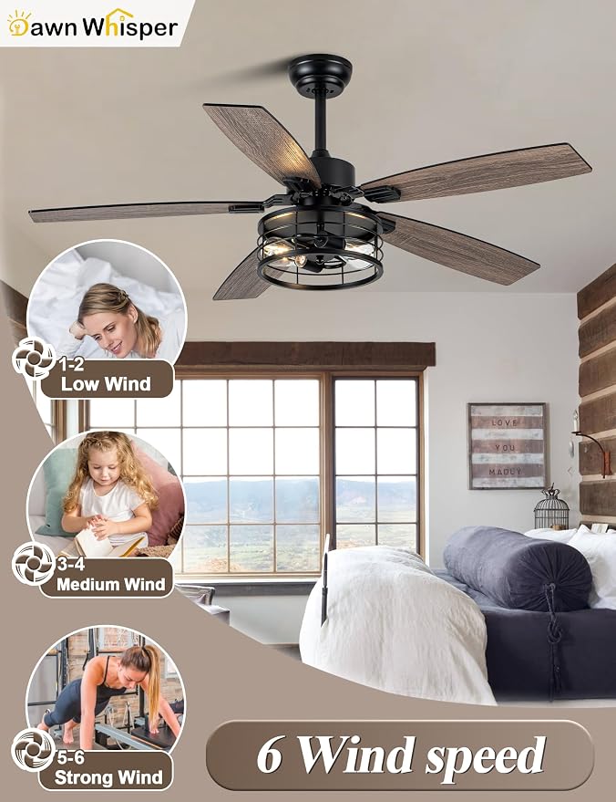 Dawn Whisper 52 Inch Farmhouse Ceiling Fans with Lights and Remote Quiet and Reversible DC Motor Black Industrial Rustic Caged Ceiling Fan for Bedroom Living Room Covered Patio