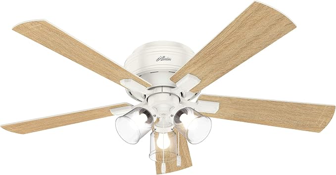 Hunter 52 inch Indoor Ceiling Fan with LED Lights and Pull Chain - Low Profile Flush Mount White Ceiling Fan, 5 Blades, For Bedroom, Living Room, or Kitchen, Quiet - Crestfield 54207, Fresh White