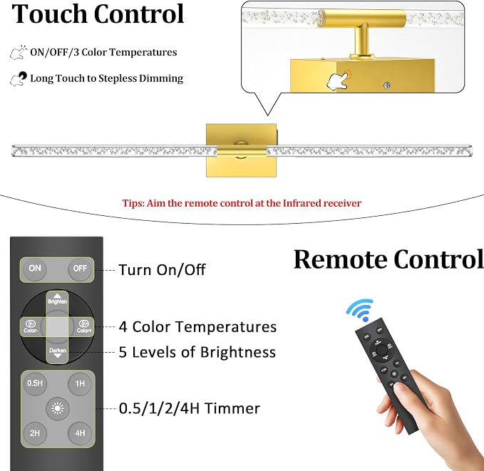 iThird Crystal Bubble Gold Wall Sconces Set of 2: 10000mAh Rechargeable Wireless Lights with Remote & 360° Rotate, 4 Color Temps Dimmable, 31" Lamp Decor for Bedroom Living Room Mirror