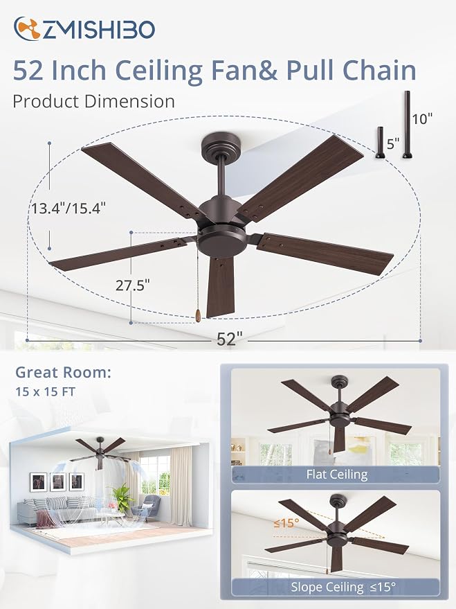 ZMISHIBO 52 Inch Ceiling Fan without Light, Farmhouse Ceiling Fan with Remote & Pull Chain, 6-Speeds, Quiet DC Motor, Brown Ceiling Fan no Light for Bedroom, office, Patio, Indoor/Outdoor Use