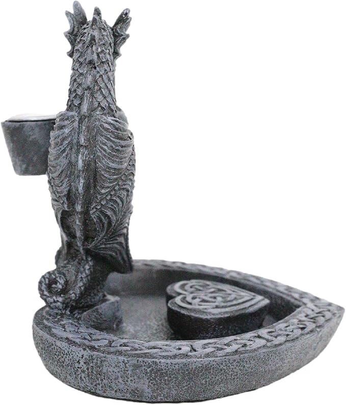 Ebros Gift Guardian of Faux Stone Celtic Heart Tomb Altar Romantic Double Dragon Backflow Cone Incense Cascading Smoke Pool Waterfall Burner Holder Figurine Fantasy Gothic Dungeons and Dragons