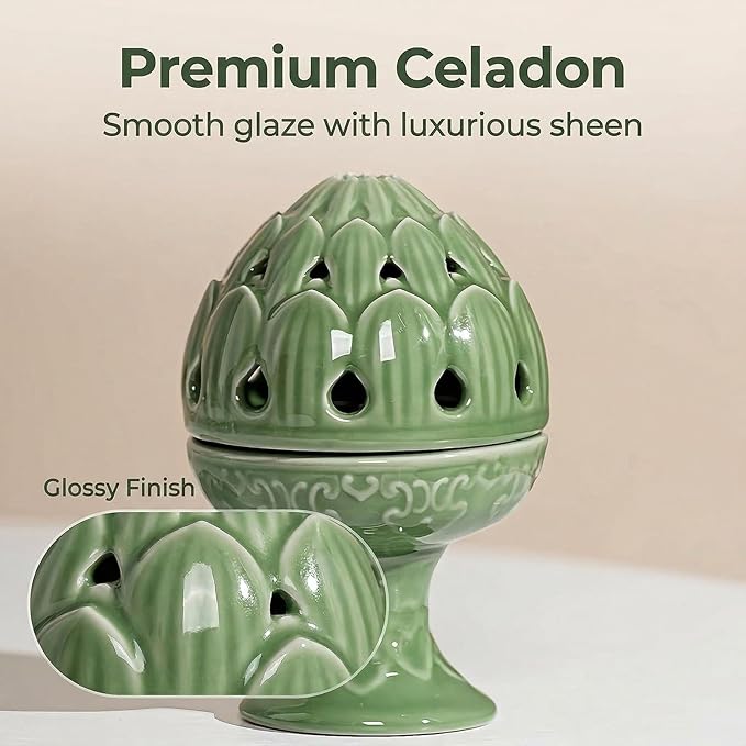 Mini Ceramic Incense Burner - Chinese Classic Plum Green Celadon Glaze, Fragrance Cone & Stick Holder Palo Santo/Sage/Herb Burner for Meditation, Yoga, Desk Decor, Zen Relaxation Gift (Lotus)