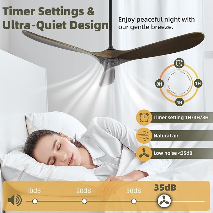Outdoor Ceiling Fan Without Light, 60 Inch Smart Ceiling Fan with Remote & Voice Control for Compatible with Alexa/Google, 3-Blade Wood Fan, Quiet DC Motor, 6 Speeds for Patio, Porch, Farmhouse