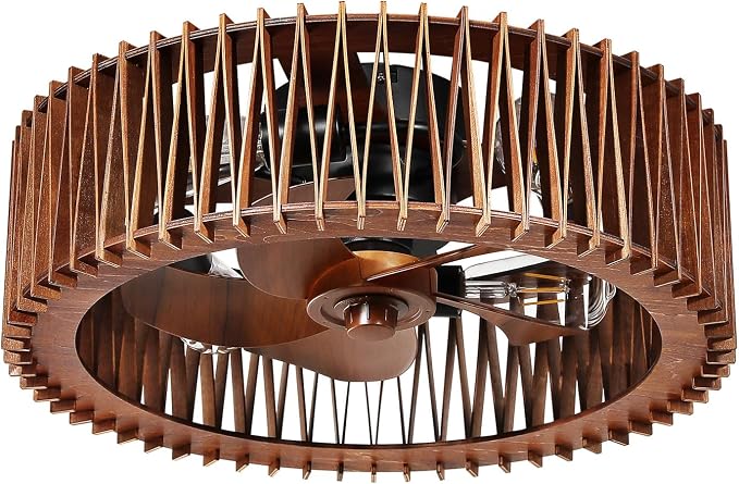 20" Flush Mount Caged Ceiling Fan with Light, Farmhouse Low Profile Ceiling Fan with Remote, Wooden Fandelier 6 Speed Quiet DC Motor, Reversible Chandelier Ceiling Fan for Bedroom Kitchen Living Room