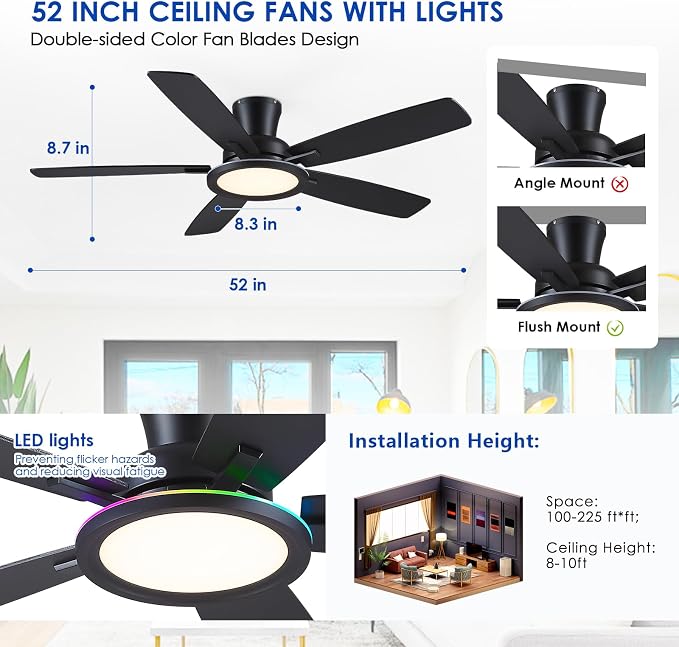 BYKISTOK Flush Mount Ceiling Fan with RGB Light - 52In Black Ceiling Fan Light with Reversible Mute Motor, LED 3CCT Dimmable, Low Profile Modern Ceiling Fans for Indoor, Party, Covered Outdoor