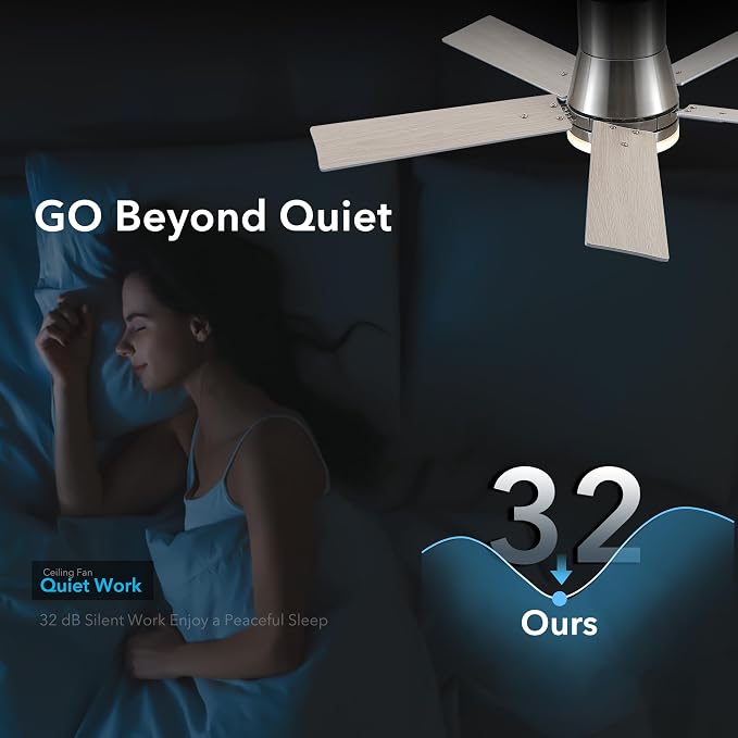 42 Inch Flush Mount Brushed Nickel Ceiling Fans with Lights and Remote | 6 Speed Reversible DC motor,3-color temperature dimmable LED.For indoor/covered outdoor.Modern style for bedroom room