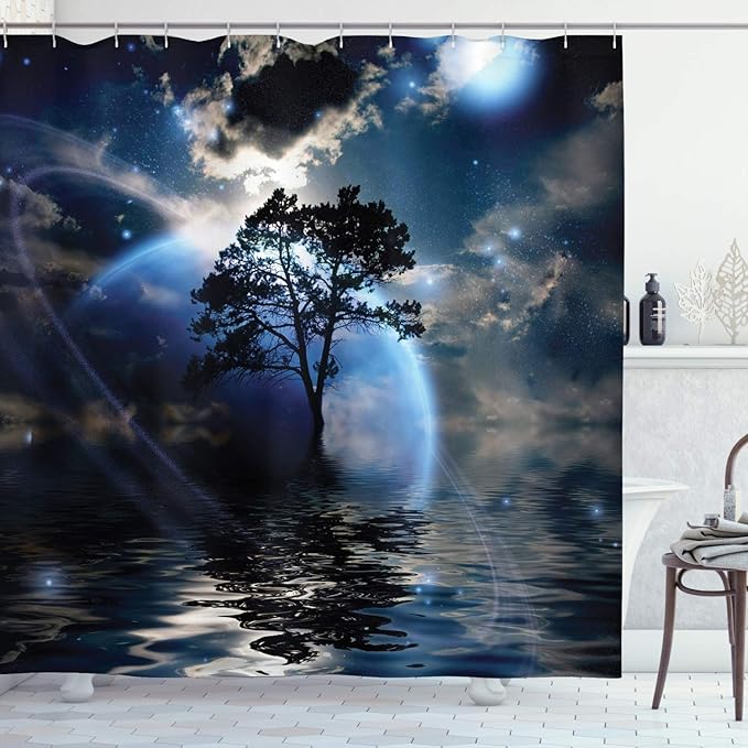 Ambesonne Fantasy Shower Curtain, Water Night View Dark Clouds Stars Moonlight Skylights Rays Tree Reflection on Sea Print, Cloth Fabric Bathroom Decor Set with Hooks, 69" W x 70" L, Navy