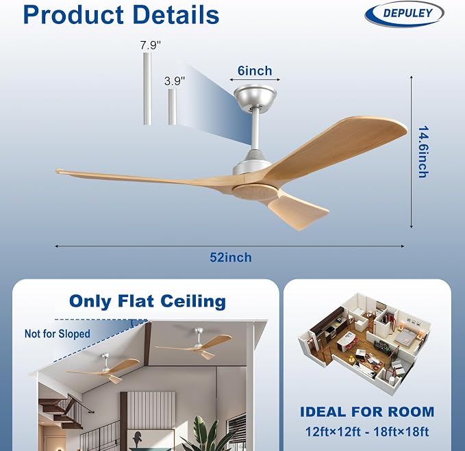 Depuley Ceiling Fan Without Light: 52 Inch 3 Blade Indoor Outdoor Fans for Patios - Wood Ceiling Fan No Light Remote Control Living Room Fans Ultra Quiet DC Motor Reversible 6 Speed
