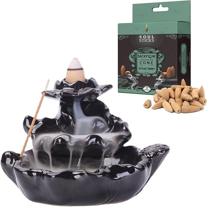 SOUL STICKS Handmade Ceramic Backflow Incense Burner with Cascading Waterfall Effect Zen Decor for Home, Office, Yoga & Meditation Aromatherapy Cone Holder Gift Set with 10 Fragrance Cones (Temple)