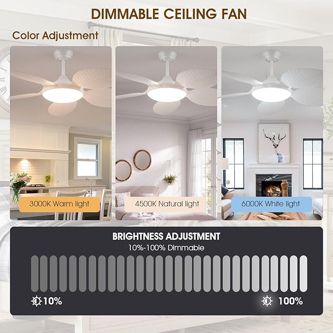 Wiviniya 48 Inch Tropical Ceiling Fans with Lights, Palm Leaf Outdoor Ceiling Fan with Light for Patios Porch Bedroom Living Room, Remote/APP Control, Reversible Quiet DC Motor, Dimmable LED, White