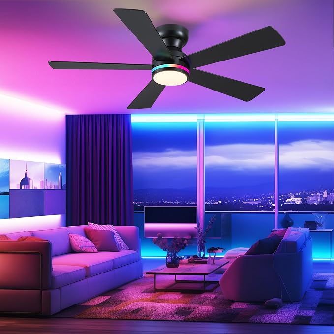 Black RGB Ceiling Fans with Lights - 46" Flush Mount Ceiling Fan with Remote APP, RGB+3CCT Dimmable Led Light, Reversible 6 Wind Speeds&2H Timer, Low Profile Modern Fan Light Fixture for Bedroom Party