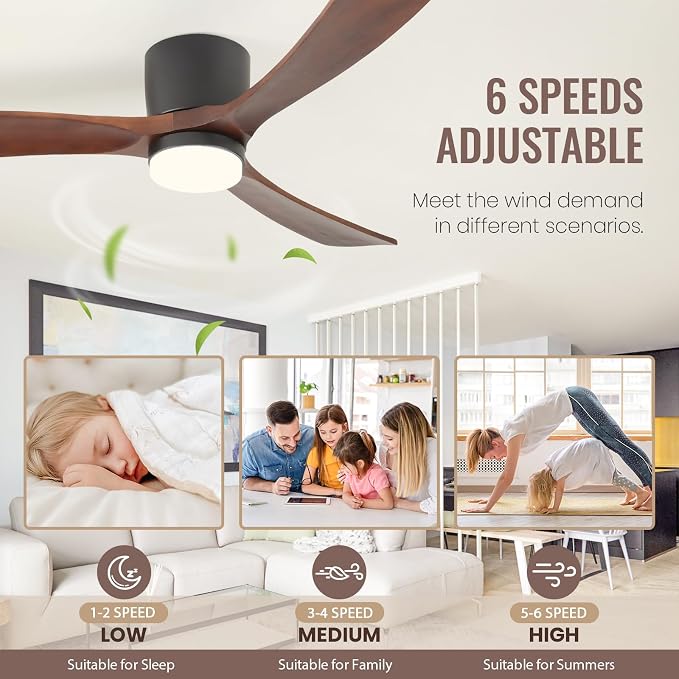 GESUM 52" Ceiling Fan With Lights Remote Control, Low Profile Ceiling Fan with 3 Walnut Wood Blades, Reversible,Dimmable, Flush Mount Ceiling Fans for Living Room Kitchen Bedroom(Black+Walnut)