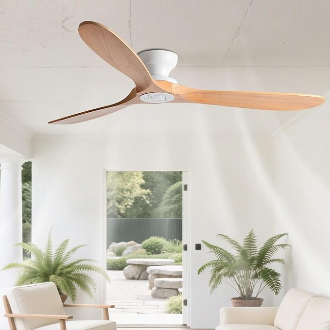 Solid Wood 70in Ceiling Fan Without Lights Flush Mount Ceiling Fans with Remote Control 6 Speeds, Wood Blades Modern Ceiling Fan No Light for Bedroom/Farmhouse/Patio/Indoor
