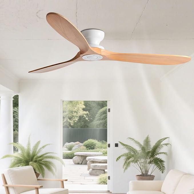 Solid Wood 42in Ceiling Fan Without Lights Flush Mount Ceiling Fans with Remote Control 6 Speeds, Wood Blades Modern Ceiling Fan No Light for Bedroom/Farmhouse/Patio/Indoor