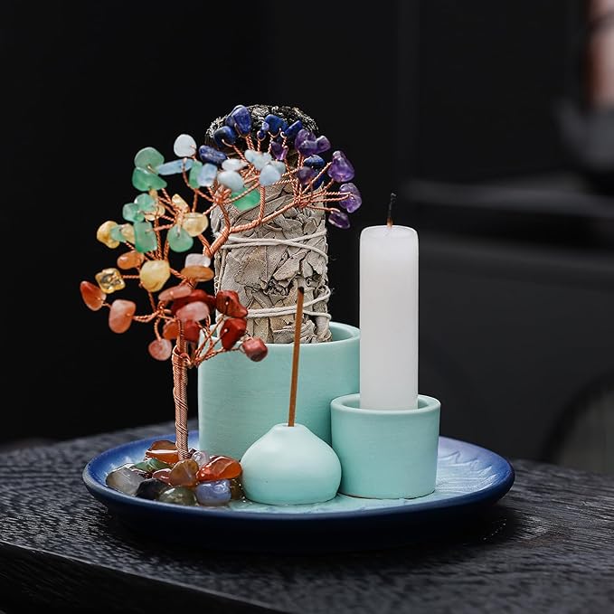 5 in 1 Incense Burner Holder with Crystal Tree for Burning Palo Santo Stick, Sage, Incense Sticks, Candle, Ceramic Tray Ash Catcher, Meditation Gift (Sky-Blue)
