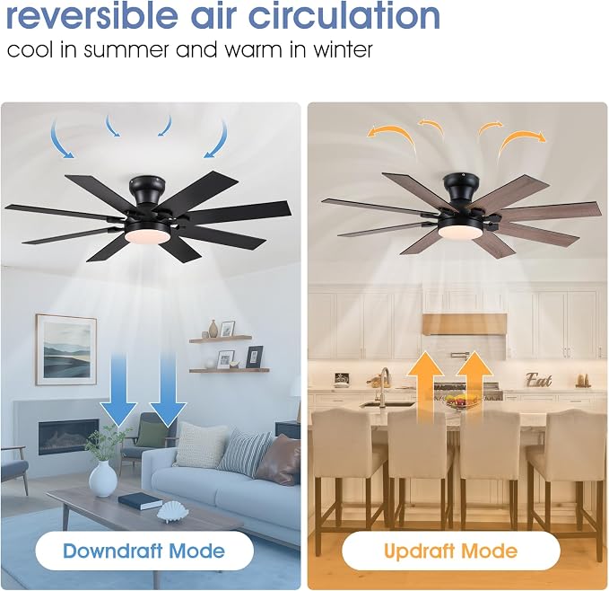 52"8-Blade Black Modern Low Profile Ceiling Fans with Lights and Remote/APP | Supports Remote and APP,6 Wind Speeds, Reversible, Dimmable 3CCT LED Light, 30W Quiet DC Motor,2H Timer,8 Double-Sided Blades