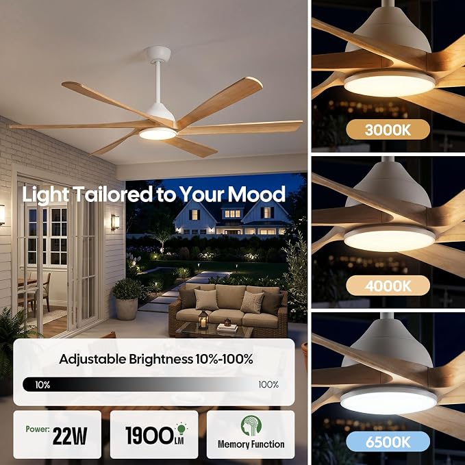 60 Inch Smart Wood Ceiling Fan with Light and Remote, Compatible with Alexa/App, 6 Solid Walnut Blades, ETL Listed Quiet DC Motor, Damp Rated Farmhouse Ceiling Fan for Covered Patio, Living Room