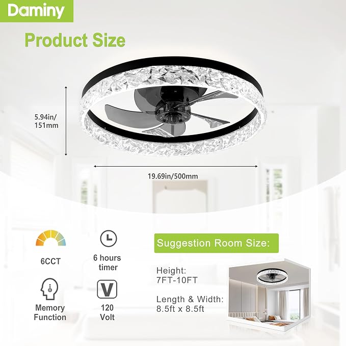 DAMINY 20inch Black Ceiling Fans with Lights and Remote, 6CCT, Dimmable Smart Low Profile Ceiling Fan with Light, 6 Speeds Flush Mount Modern Bladeless Ceiling Fan for Bedroom