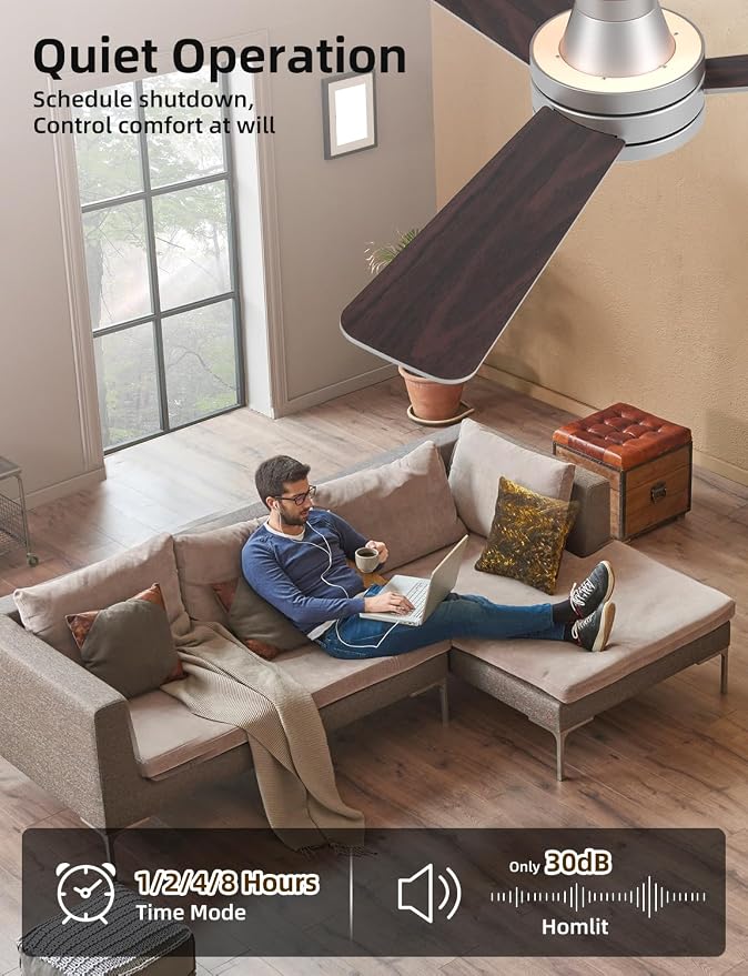 42 inch RGB Ceiling Fan with Light, Smart App & Remote Control Low Profile Flush Mount, Music Sync Lighting, 6-Speed Quiet Reversible DC Motor, 4CCT Dimmable for Home Office Party, Silver