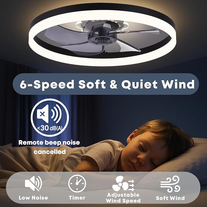 FSZDORJ 24'' Ceiling Fan with Light and Remote, Low Profile Ceiling Fan with Light, Dimmable Flush Mount Ceiling Fan Light, 6 Speeds Fan, App&Remote Control, Fandelier Quiet Fan for Bedroom F115 White