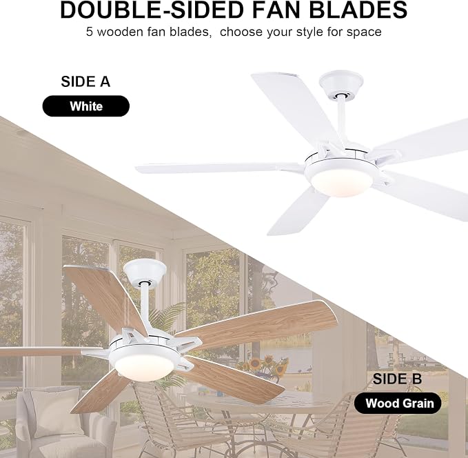 Kviflon 52 Inch Ceiling Fans with Lights and Remote, Modern Indoor Outdoor Ceiling Fan for Bedroom Living Room Patio Porch, 6 Speeds, Reversible Quiet Motor, Dual Finish Wooden Blades, White