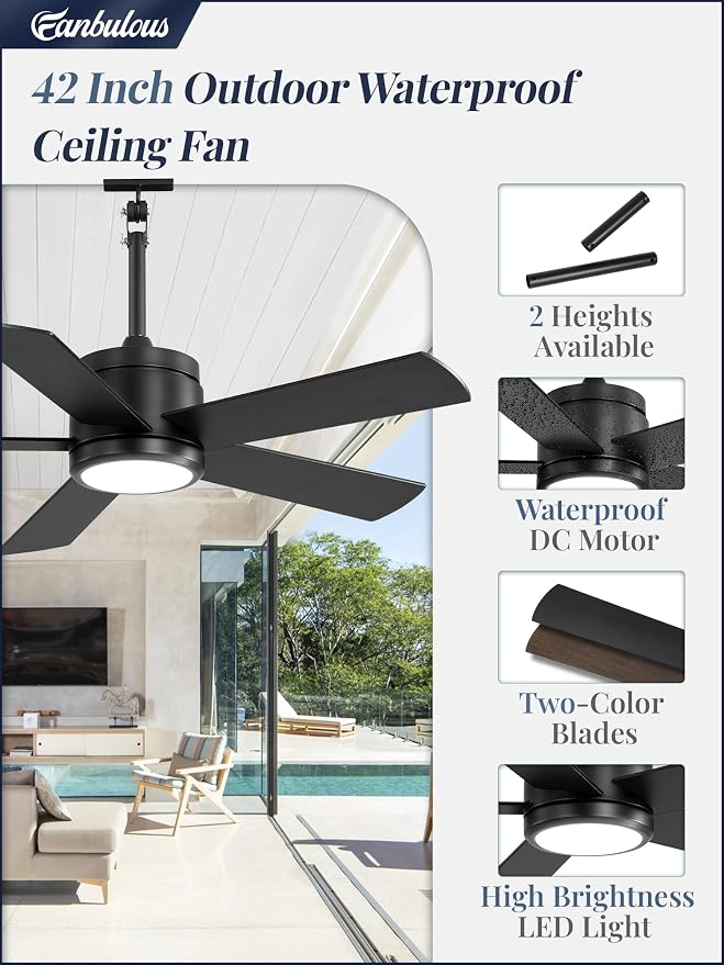 Fanbulous 42" Outdoor Ceiling Fan with Light and Remote, IP65 Waterproof, Plug-in Design with 10FT Cord, 6-Speeds, 3CCT, Hook Hanging Fan for Gazebo Patio Porch Garage Canopy(Black)