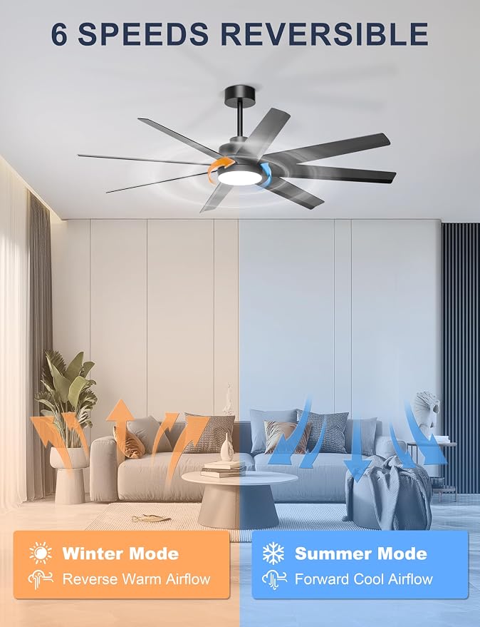 Ohniyou 60'' Ceiling Fan with Light - Modern Black 8 Blades Ceiling Fan Remote/APP Control, Dimmable, DC Motor Outdoor Fan for Covered Patio, Living Room, Shop, Garage