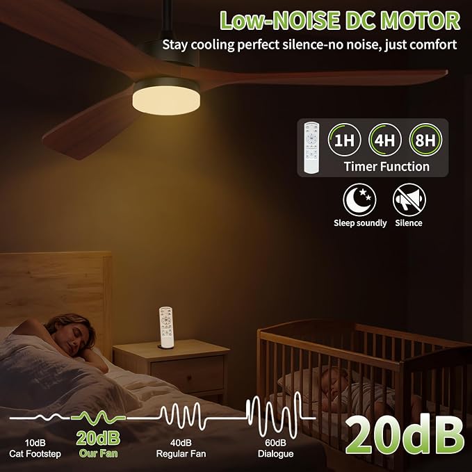 60 Inch Ceiling Fans with Lights and Remote Control, Walnut Ceiling Fan with Light for Bedroom, Living Room, Covered Outdoor, 6 Speeds Reversible Noiseless DC Motor, 3CCT, Dimmable LED Light