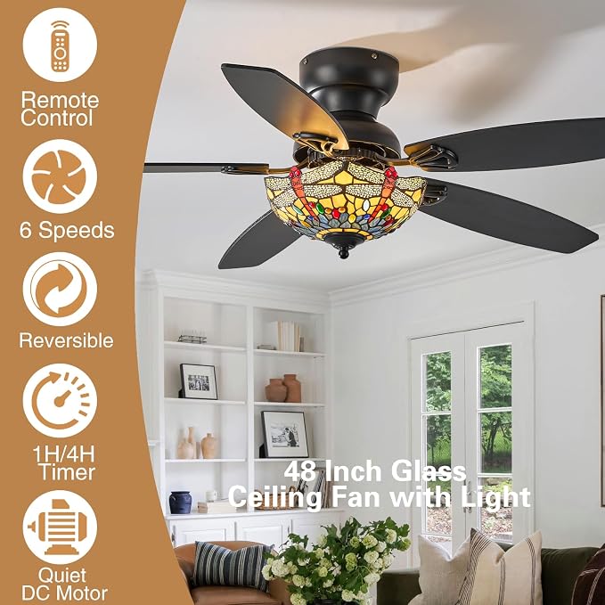 Tiffany Ceiling Fans with Lights - 48" Ceiling Fan Chandelier with 5 Dual-Blades and Glass Shade, 6 Speeds and Reversible, Indoor and Outdoor, Retro Style