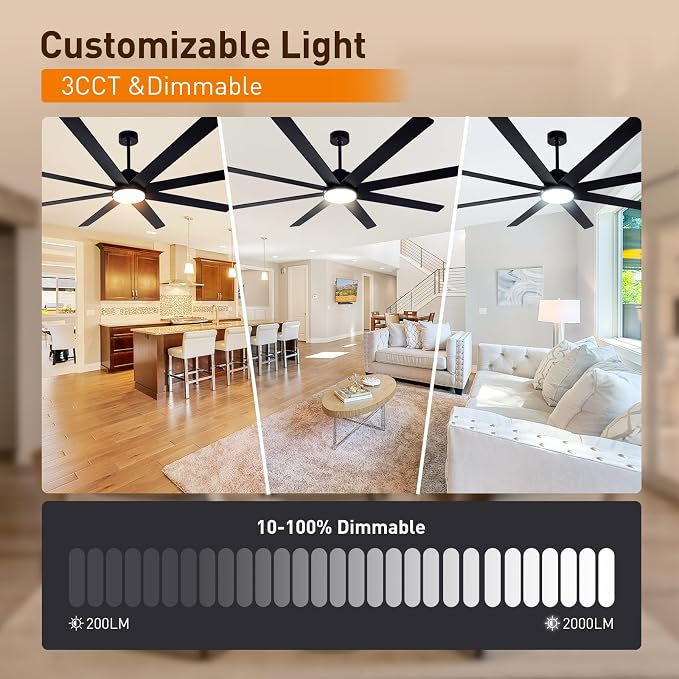 Minislak 72Inch Large Black Ceiling Fans with Light and Remote Control,8 Wooden Blades,6-Speed,3CCT,Quiet Reversible DC Motor Indoor Outdoor Ceiling Fan for Patio/Living Room/Garden