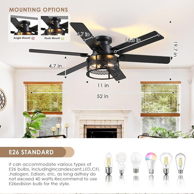 Hounberi 52" Farmhouse Ceiling Fans with Lights and Remote, Industrial Black Flush Mount Ceiling Fan with 6 Double-Sided Blades, 6 Speed Reversible Motor, Caged Rustic Ceiling Fans for Living Room