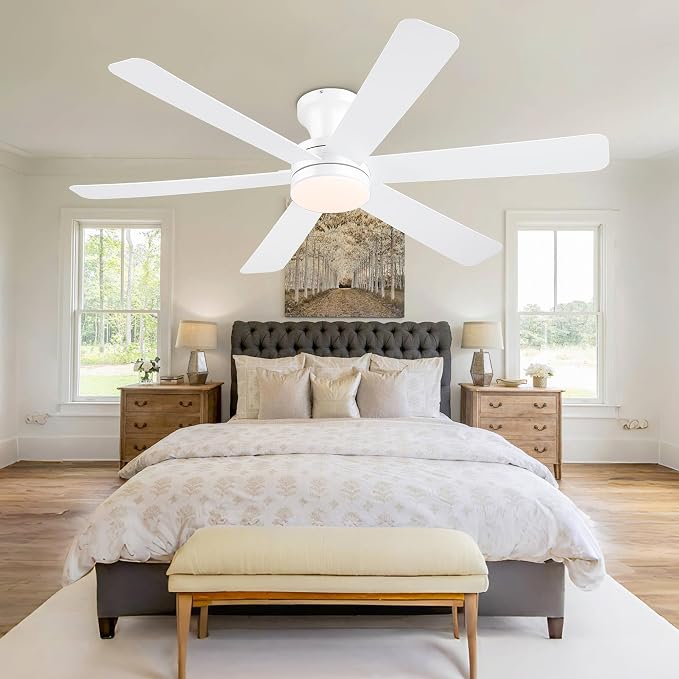GJeg Ceiling Fans with Lights,46" Low Profile Ceiling Fan with Light and Remote Control,Flush Mount, Reversible, Dimmable, Noiseless, White Ceiling Fan for Bedroom