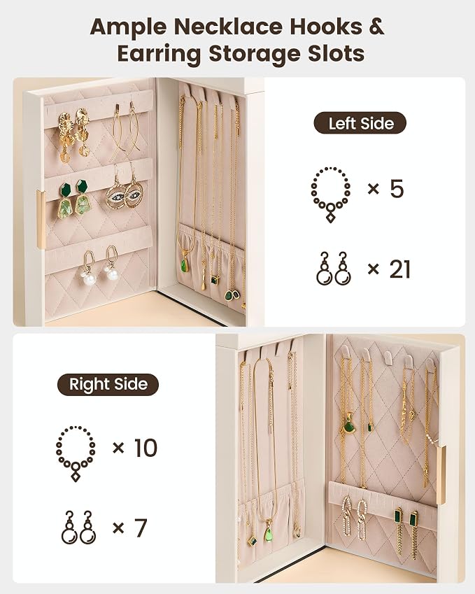 Lolalet Large Jewelry Box Organizer for Women, 6-Layer Jewelry Organizers and Storage Case with Mirror & 5 Drawers, Lockable Watch Ring Earring Bracelet Necklace Holder Girls Gift -6Layer, Beige