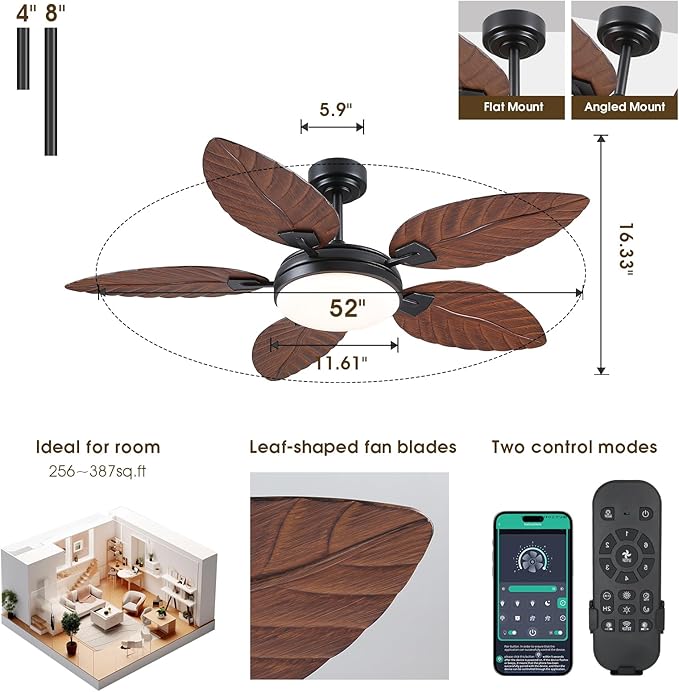 52"Brown Tropical Outdoor Palm Leaf Ceiling Fans with Lights and Remote | Supports Remote and APP, 6 Wind Speeds, Reversible, Dimmable 3CCT LED, 50W Quiet DC Motor,Suits for Living Room Bedroom Patio