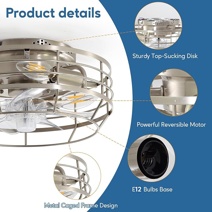 Caged Ceiling Fan with Light and Remote, Flush Mount Fan Lights Ceiling Fixture, Modern Bladeless 12 in 6 Speeds Fans with Lights for Kitchen, Bedroom, Living Room, Brushed Nickel