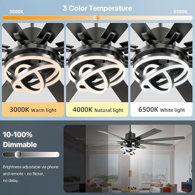 72 Inch Chandelier Ceiling Fans with Lights, Large Modern Ceiling Fan with Remote Control for Living Room Kitchen, Dimmable, 6 Speed Reversible DC Motor, Dual Finish，Black