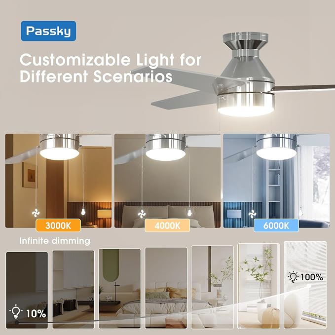 Passky Ceiling Fans with Lights, 52 inch Low Profile Ceiling Fan with Pull Chain and Remote Control, Flush Mount, Reversible, 5CCT, Dimmable, Noiseless, Nickel Pull Cord Ceiling Fan for Bedroom