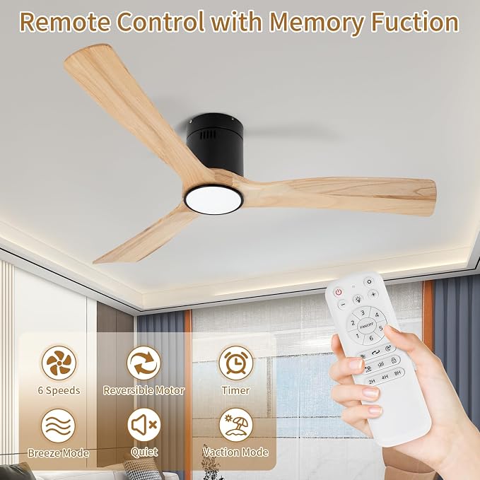 52inch Ceiling Fan with Lights,Flush Mount Wood Ceiling Fans with Remote Control,Dimmable Light,Noiseless DC Motor,Ceiling Fan for Bedroom,Living Room,Office,Indoor