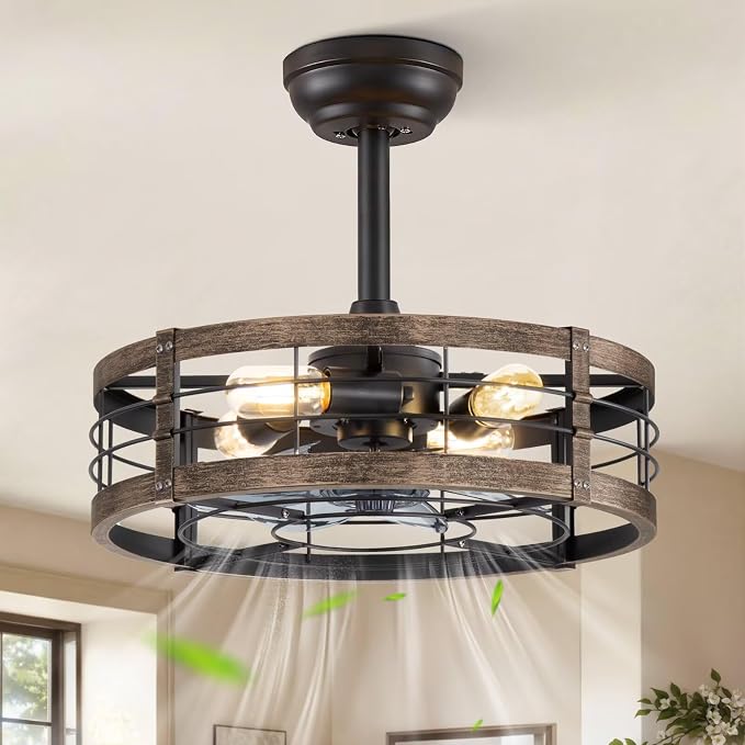LEDIARY 18 Inch Caged Ceiling Fan with Light, Fandelier Farmhouse Ceiling Fan with Remote, Small Bladeless Fan Lights Ceiling Fixtures for Kitchen, Bedroom, Outdoor-Black and Gold