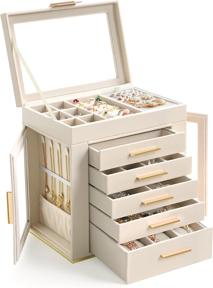Homeanda 6-Layer Jewelry Boxes for Women, Large PU Leather Storage Organizer with 5 Drawers Glass Lid Case for Rings Necklaces Earrings Bracelets Watches, Gift for Wife and Girls (Beidge)