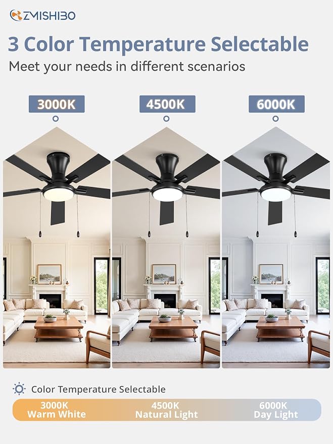 ZMISHIBO Ceiling Fans with Lights, Low Profile Ceiling Fan with Pull Chain and Remote Control, Flush Mount, Reversible, Dimmable, Noiseless, White Pull Cord Ceiling Fan for Bedroom(60inch Black)