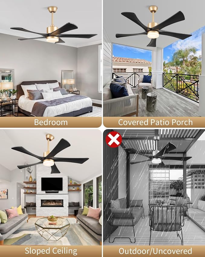 52" Black and Gold Ceiling Fan with Lights and Remote, Outdoor Ceiling Fan for Patios, USA Original Patent, ETL Listed, 5 Blade, 3 Downrods, 6 Speeds Reversible DC Motor Fan, 52", Gold Black