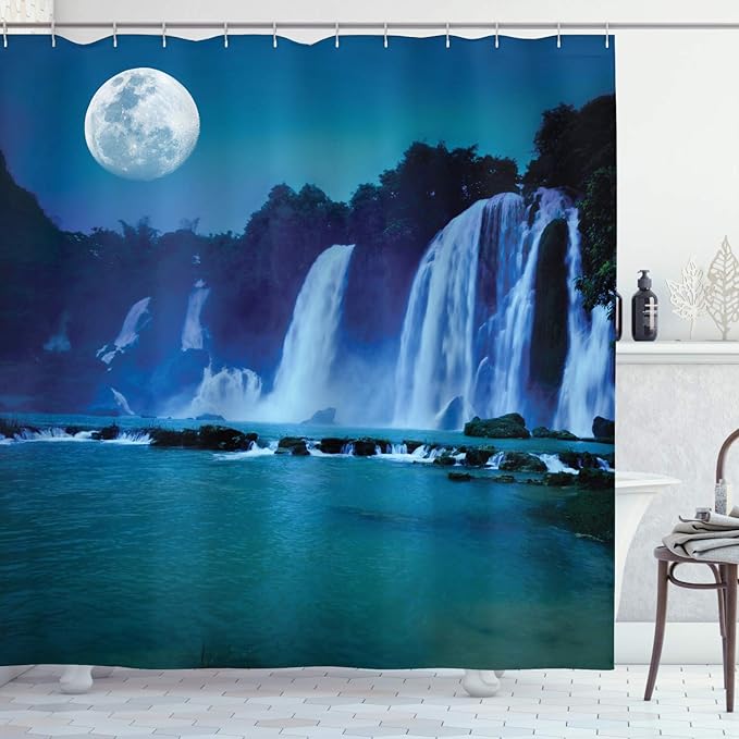 Ambesonne Waterfall Shower Curtain, Waterfall Under Moonlight Full Moon Nature Midnight View, Cloth Fabric Bathroom Decor Set with Hooks, 69" W x 75" L, Turquoise Navy