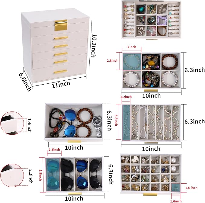 BOOVO Jewelry Boxes for Women, White and Black 6 Layer Large Jewelry Box for Necklace, Bracelet, Earrings, Rings Storage, Jewelry holder Organizer for Girls Gift (White and Gold, 6 layer)