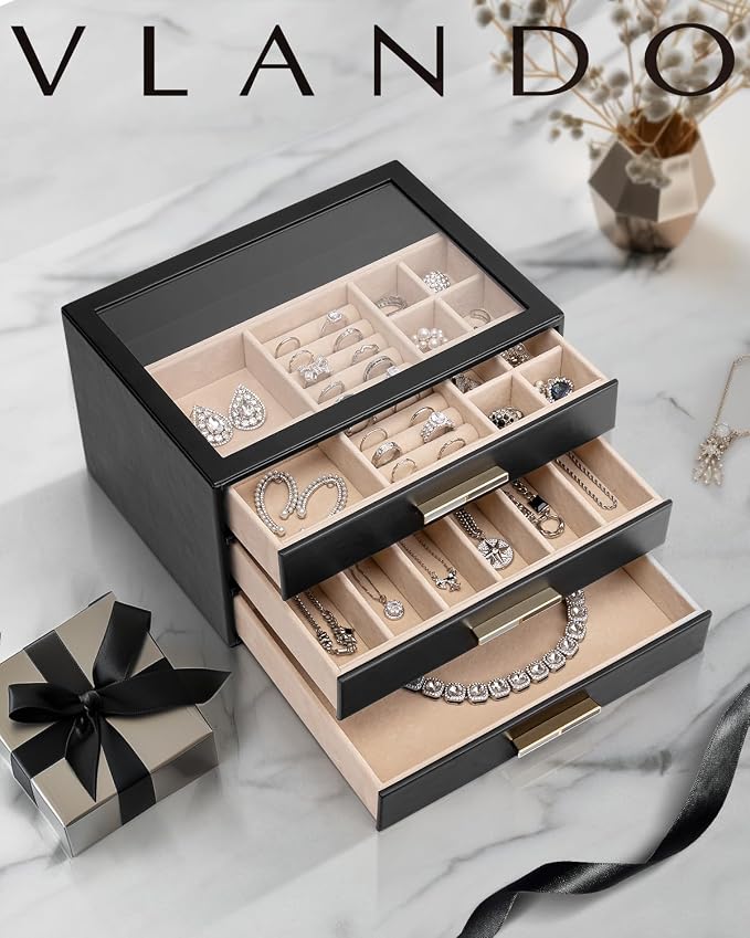 VLANDO Jewelry Box for Women, Glass Lid Jewelry Organizer with 3 Drawers for Necklaces Rings Earrings Bracelets - Black